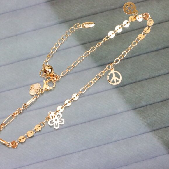 "Rose Gold Anklet with Flower, Smiley & Peace Charms, XPAL1175 - Picture 11 of 12